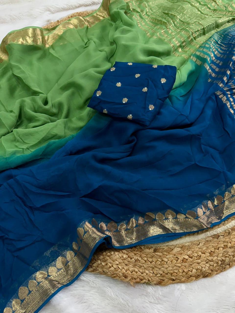 Green Viscose Georgette Shaded Saree with Contrast Blouse – Party & Festive Wear