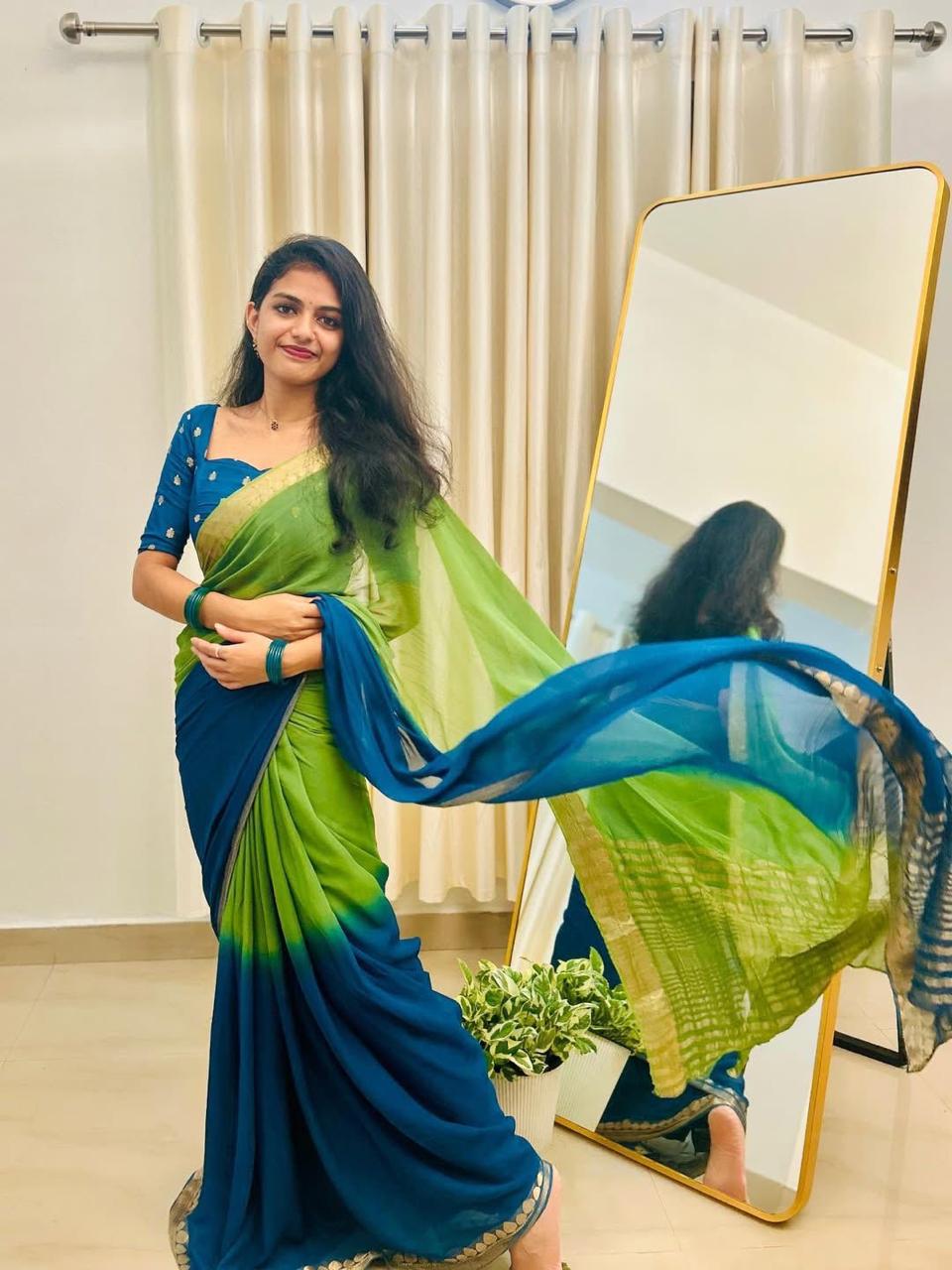 Green Viscose Georgette Shaded Saree with Contrast Blouse – Party & Festive Wear