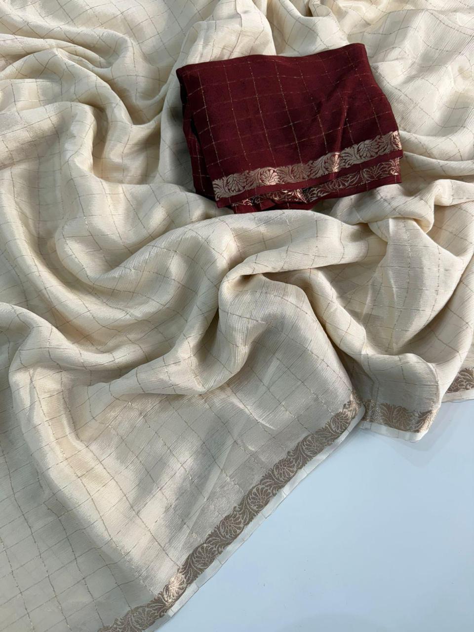 Viscose Pure Chinon Saree with Contrast Running Blouse – Elegant Partywear