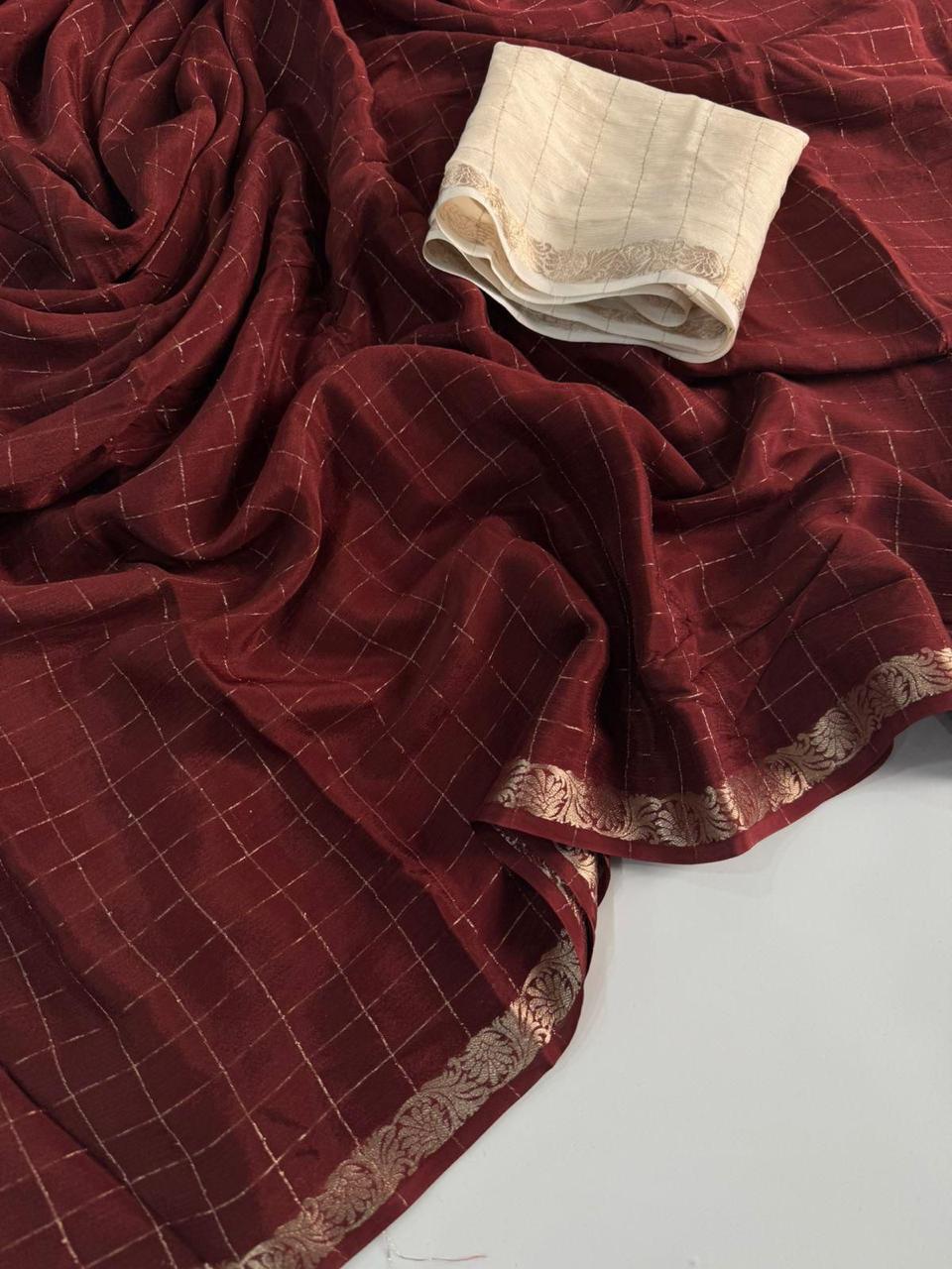 Viscose Pure Chinon Saree with Contrast Running Blouse – Elegant Partywear