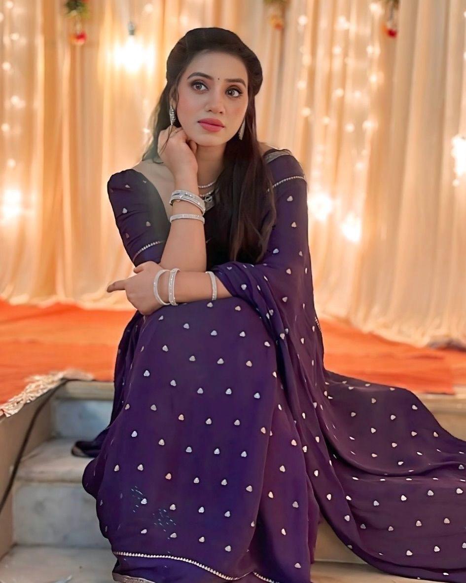 Violet Pure Chinon Viscose Saree with Matching Blouse – Restocked Partywear Collection
