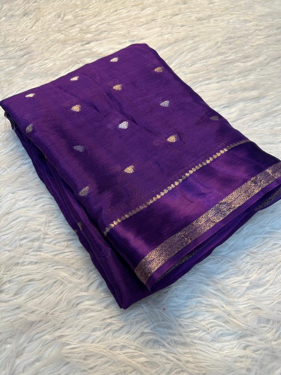 Violet Pure Chinon Viscose Saree with Matching Blouse – Restocked Partywear Collection