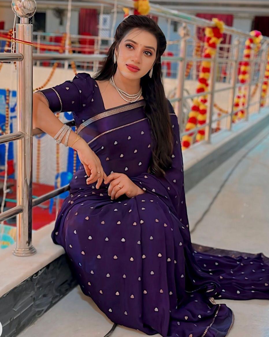 Violet Pure Chinon Viscose Saree with Matching Blouse – Restocked Partywear Collection