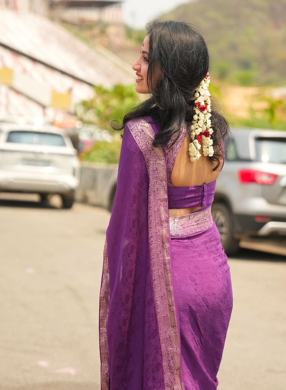 Violet Viscose Chinon Weaving Saree with Dola Banarasi Silk Blouse – Festive Collection