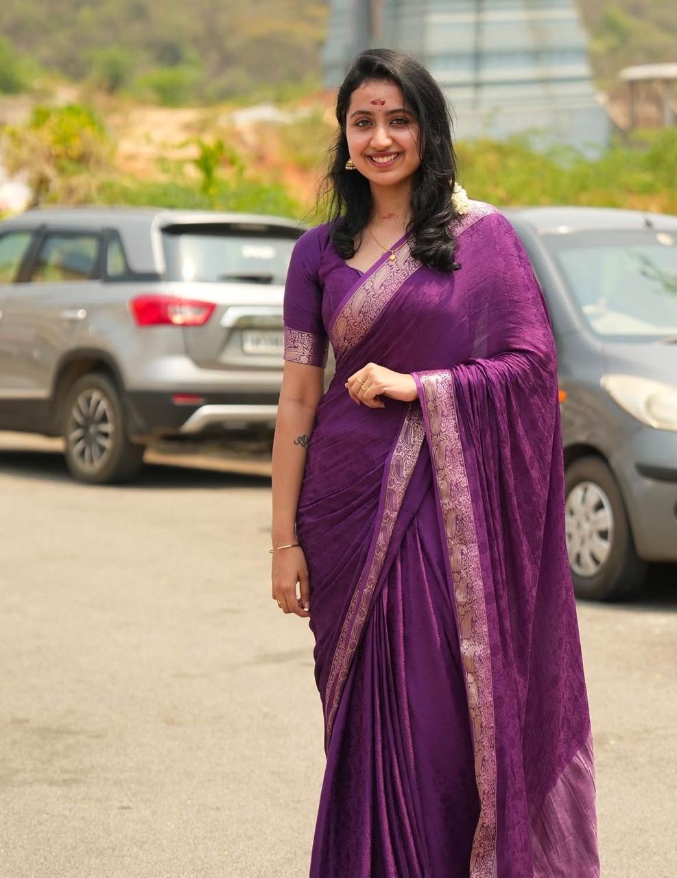 Violet Viscose Chinon Weaving Saree with Dola Banarasi Silk Blouse – Festive Collection