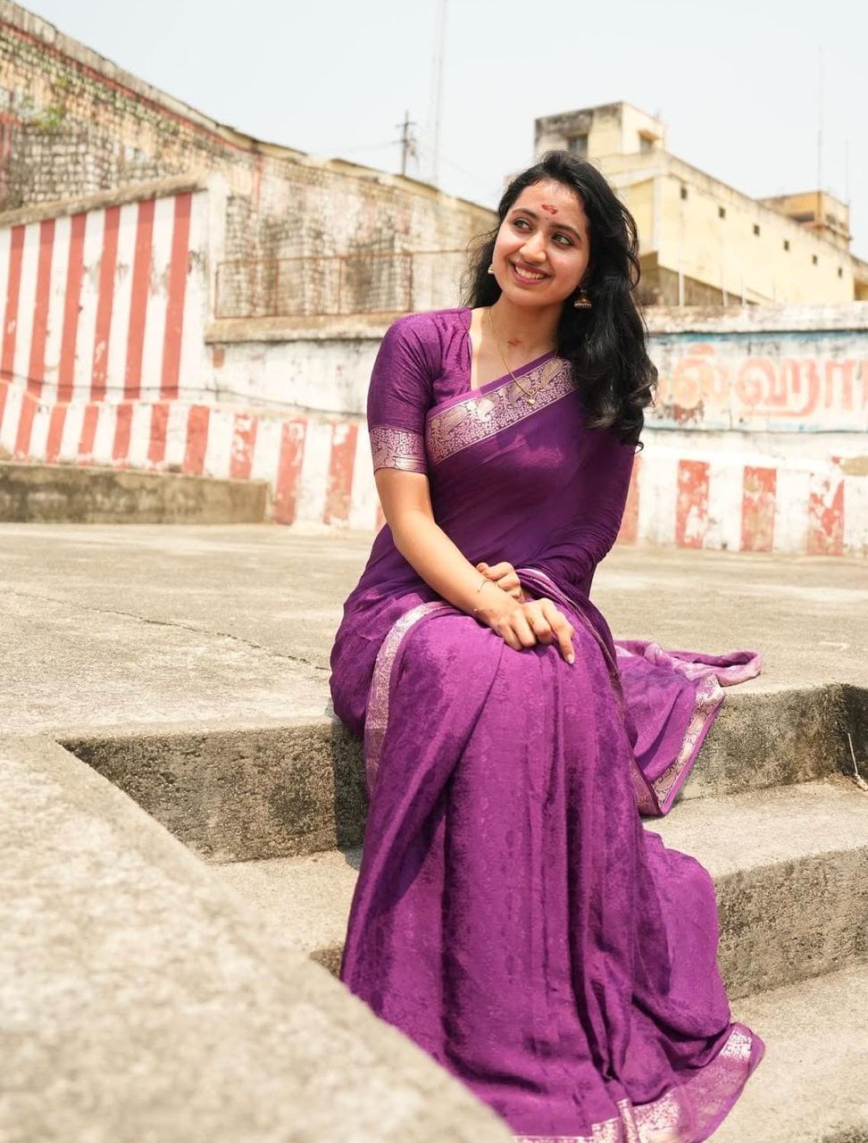 Violet Viscose Chinon Weaving Saree with Dola Banarasi Silk Blouse – Festive Collection