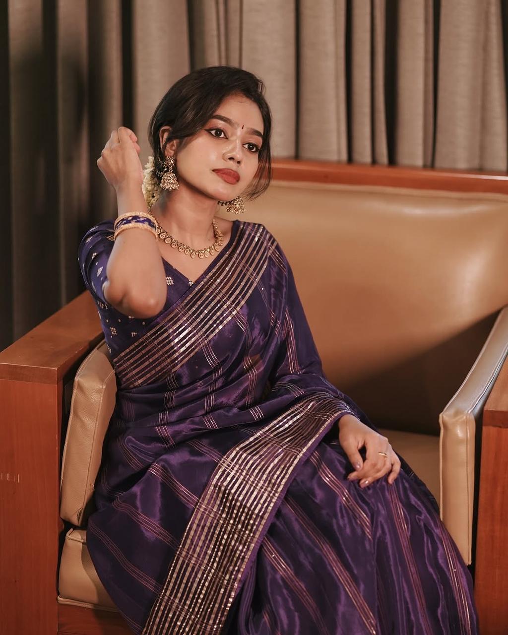 Violet Viscose Chinon Weaving Saree with Dola Banarasi Silk Blouse – Festive Collection