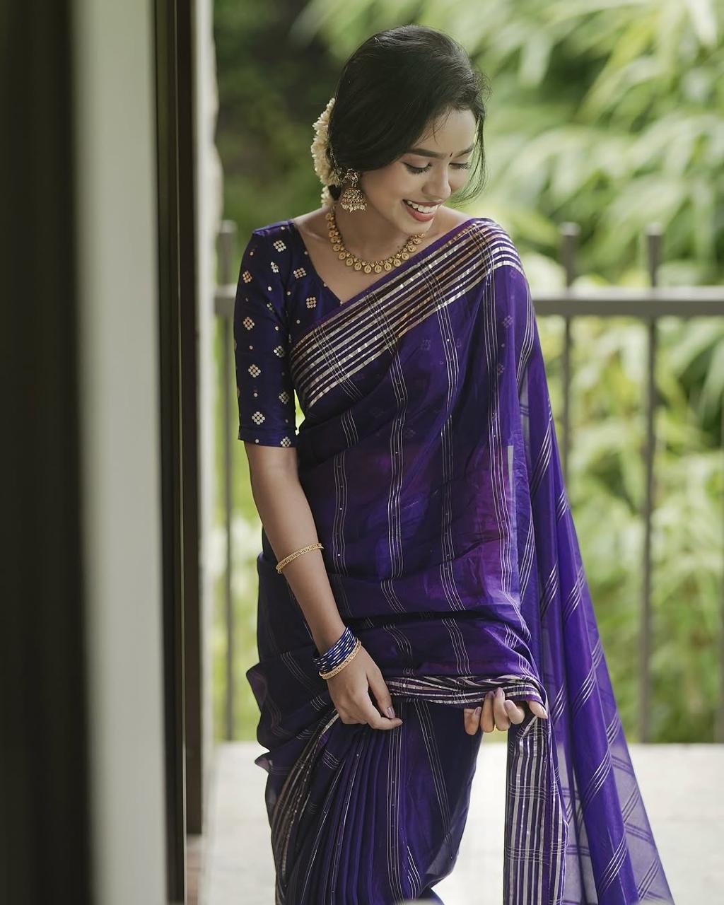 Violet Viscose Chinon Weaving Saree with Dola Banarasi Silk Blouse – Festive Collection