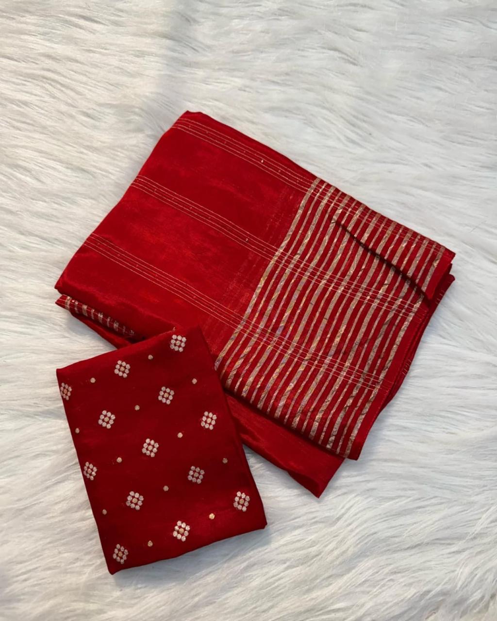 Viscose Chinon Weaving Saree with Dola Banarasi Silk Blouse – Festive Collection