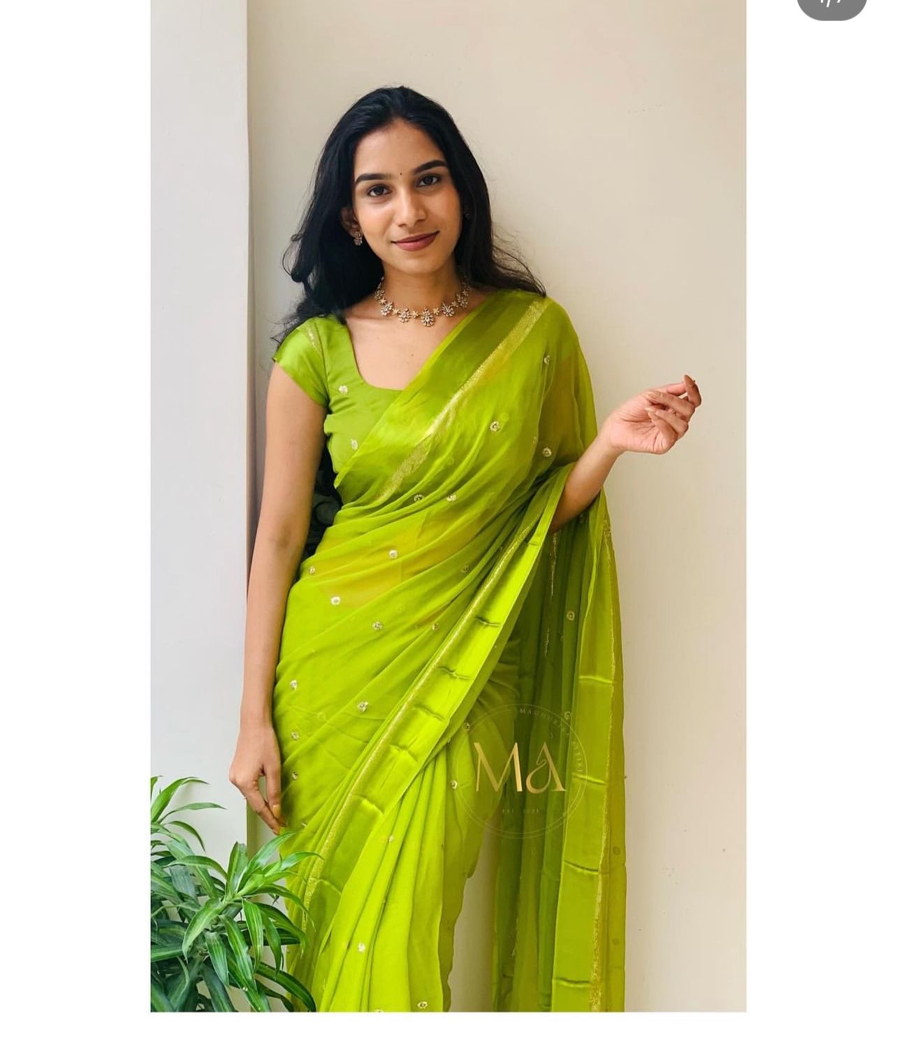 Light Green Viscose Georgette Sequins Saree with Satin Border & Contrast Blouse – Partywear Collection
