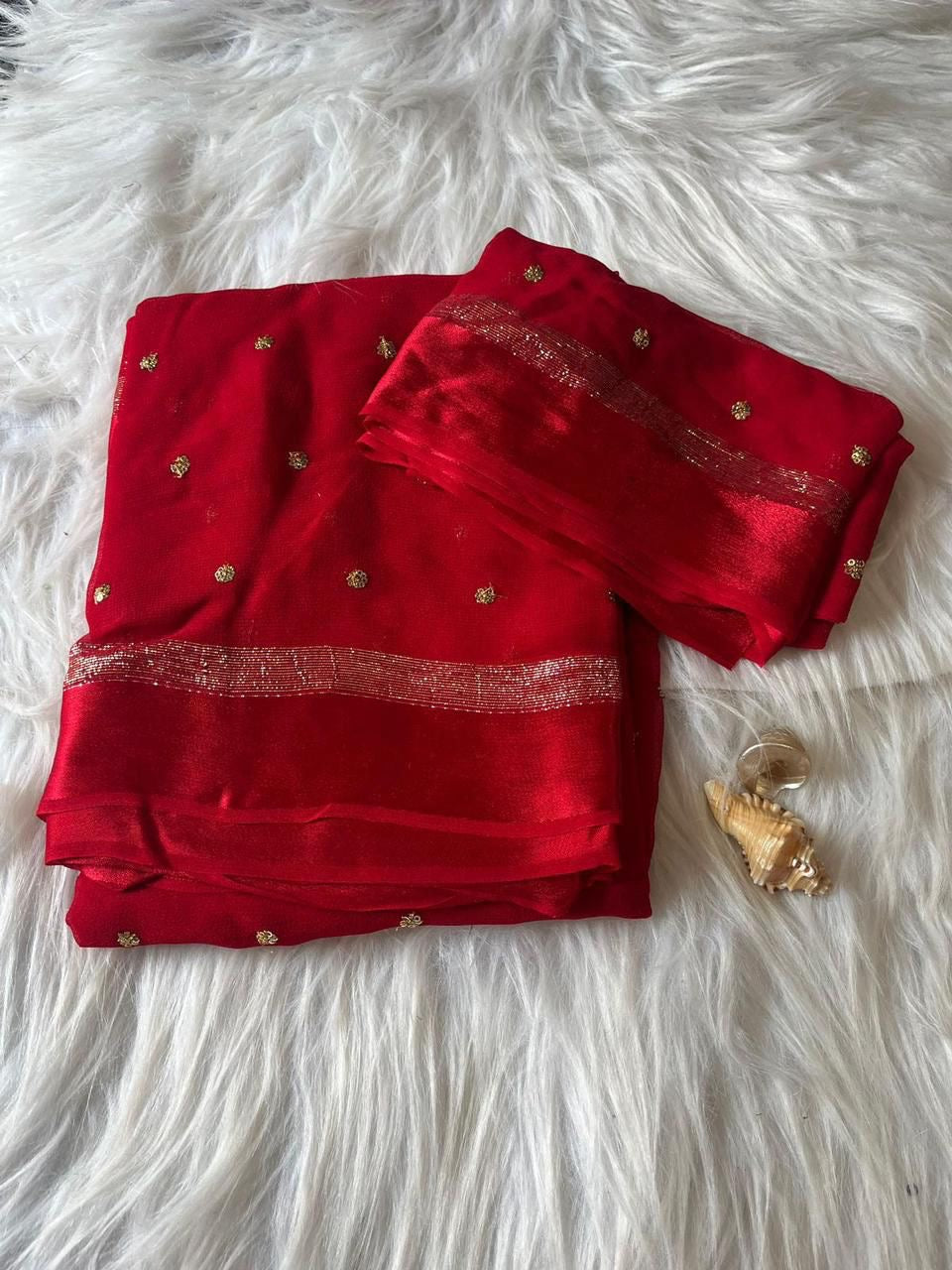 Red Viscose Georgette Sequins Saree with Satin Border & Contrast Blouse – Partywear Collection