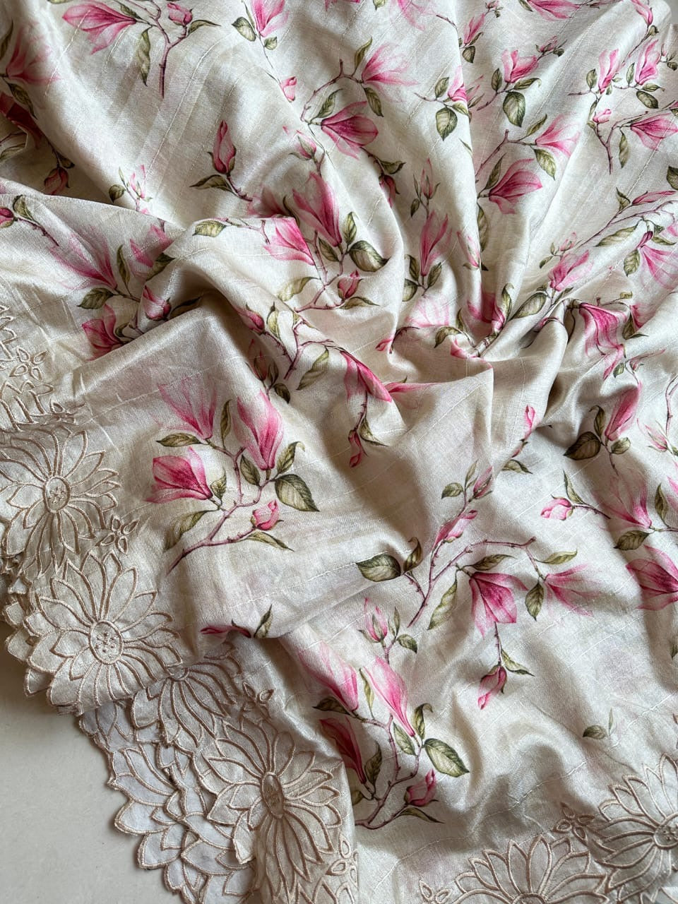 Pure Tussar Silk Cutwork Saree with Floral Pattern & Blouse – Exclusive Summer Collection