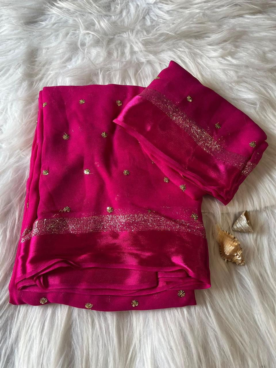 Fuschia pink Viscose Georgette Sequins Saree with Satin Border & Contrast Blouse – Partywear Collection