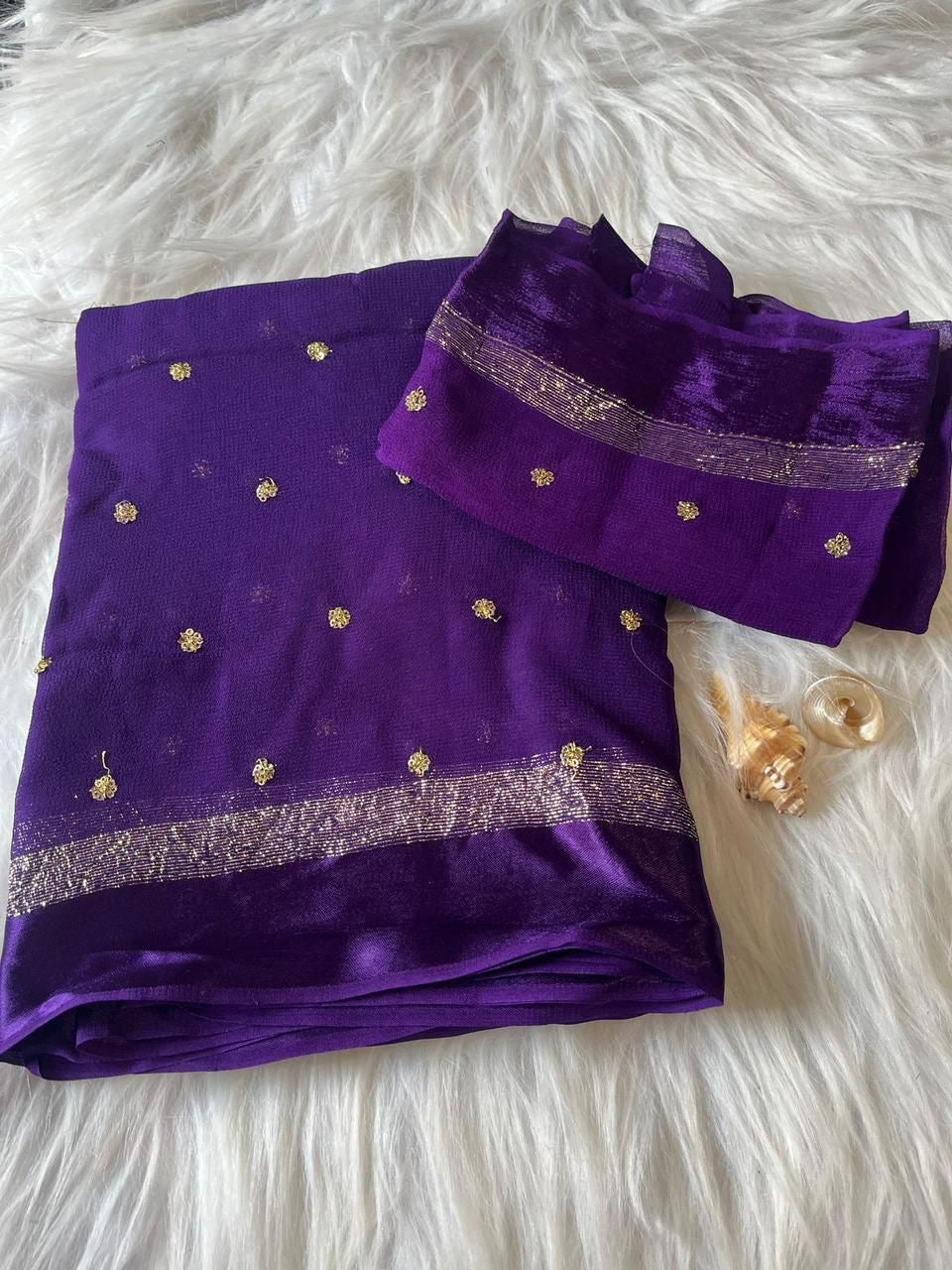 Violet Viscose Georgette Sequins Saree with Satin Border & Contrast Blouse – Partywear Collection