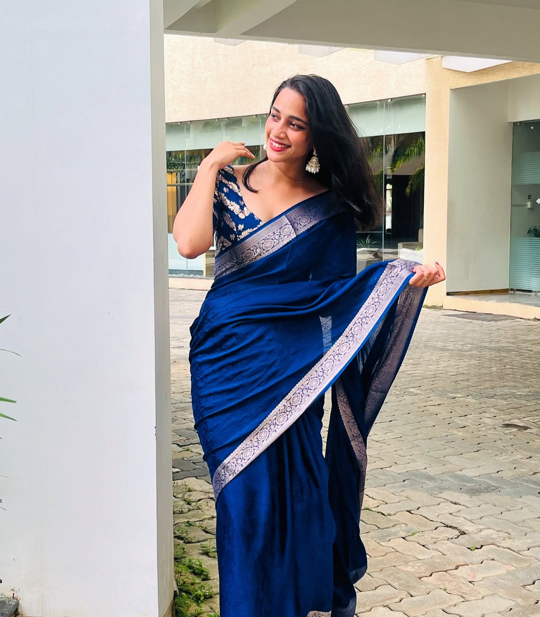 Blue Viscose Chinon Saree with Dola Banarasi Silk Blouse – Festive & Wedding Wear