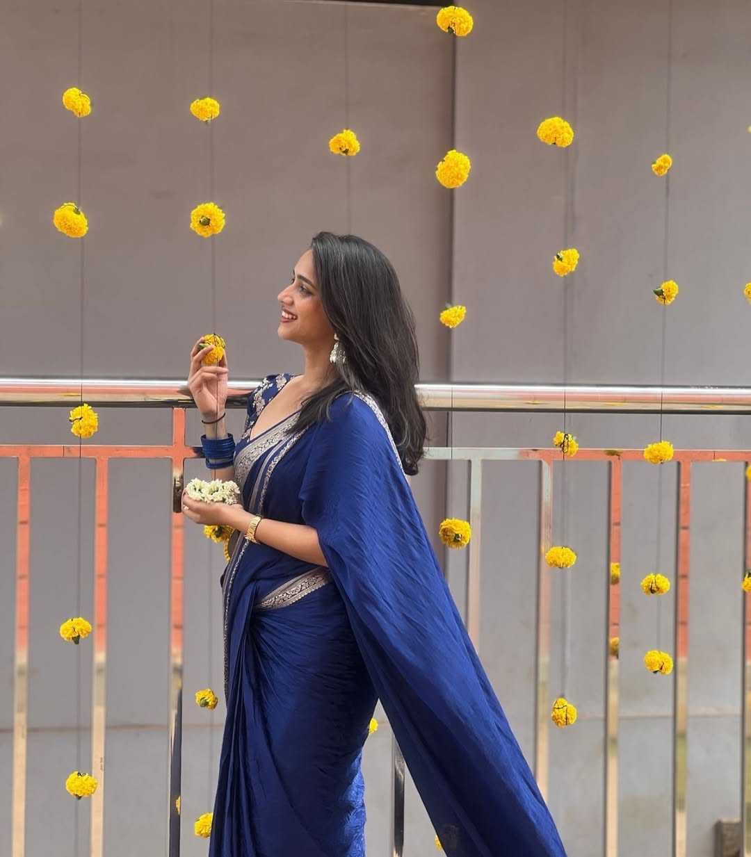 Blue Viscose Chinon Saree with Dola Banarasi Silk Blouse – Festive & Wedding Wear