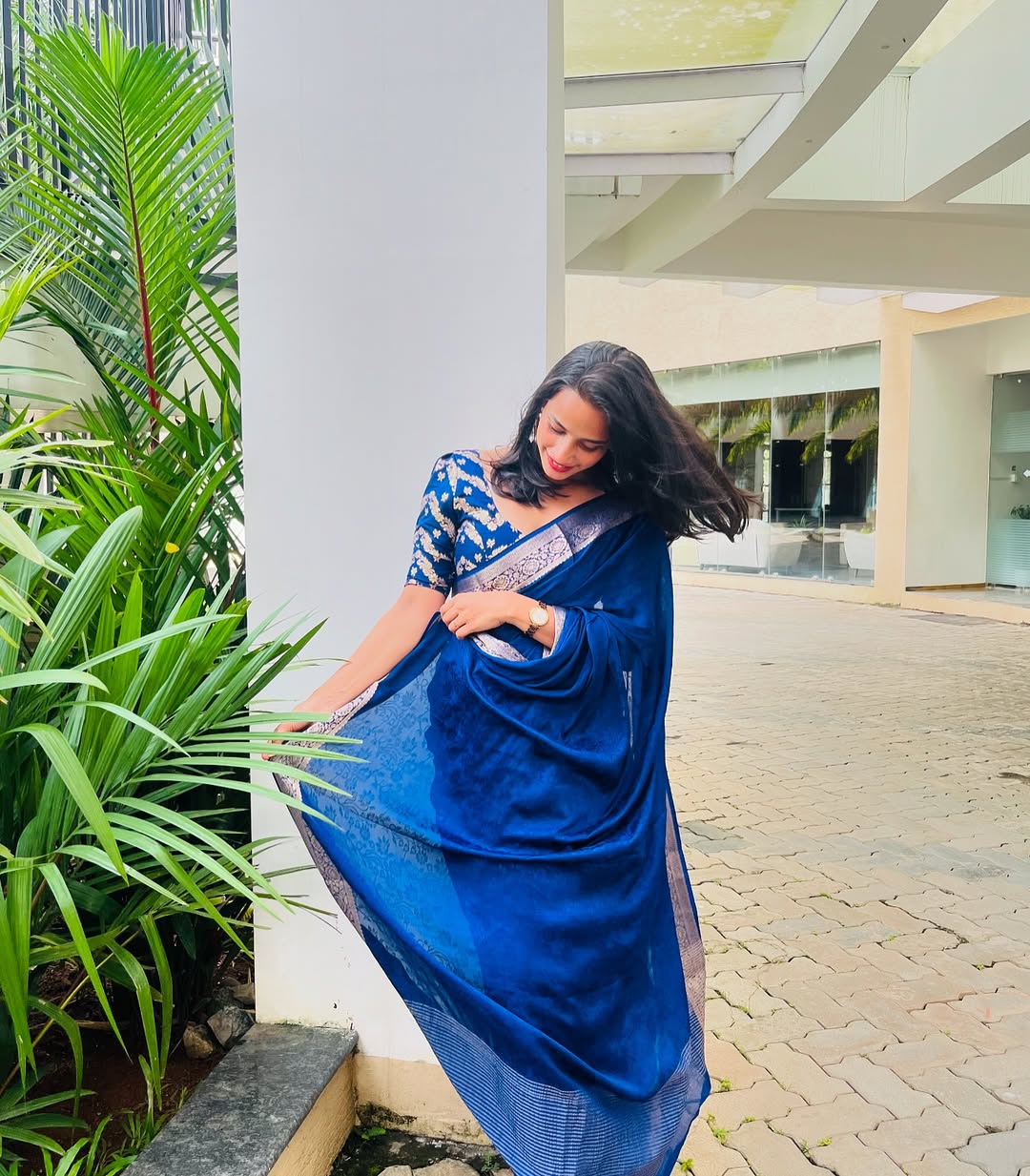 Blue Viscose Chinon Saree with Dola Banarasi Silk Blouse – Festive & Wedding Wear