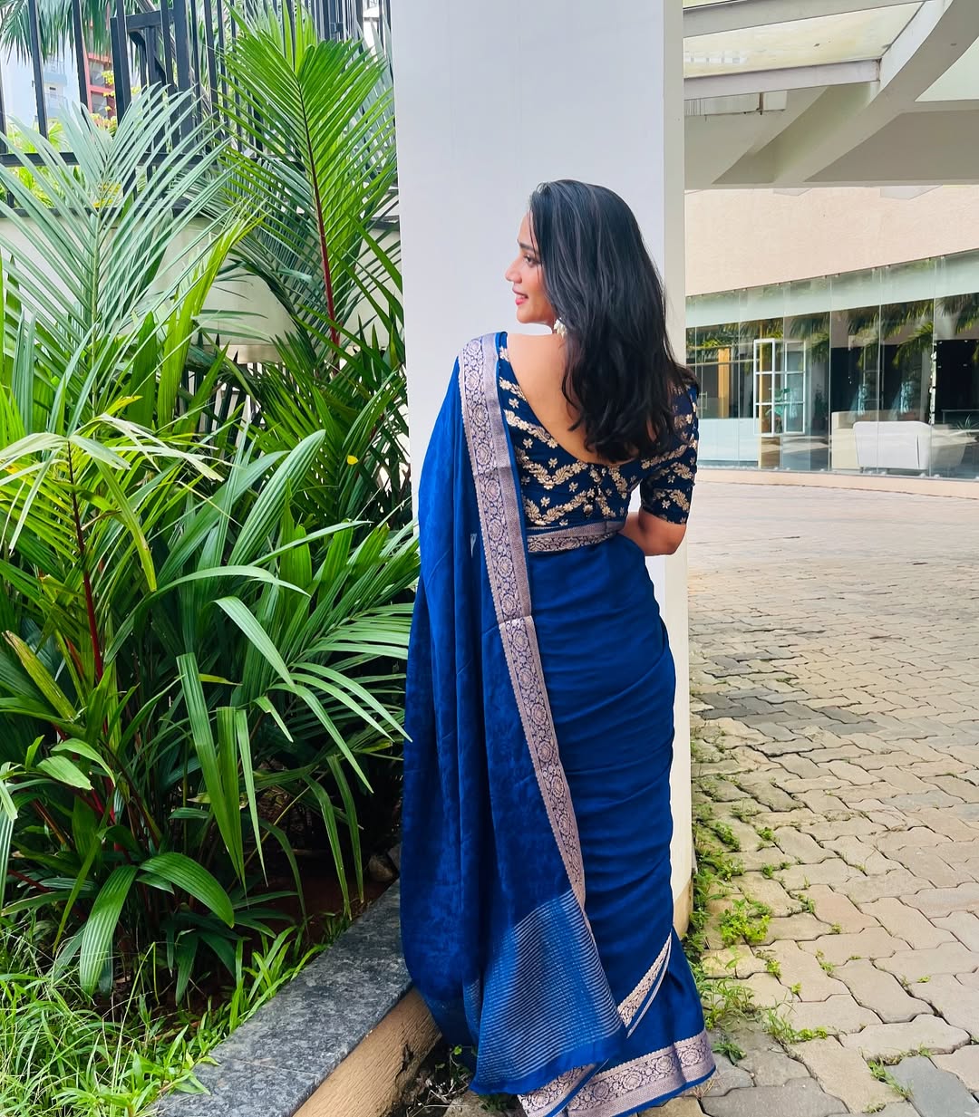 Blue Viscose Chinon Saree with Dola Banarasi Silk Blouse – Festive & Wedding Wear