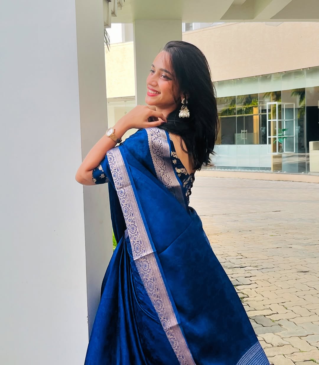 Blue Viscose Chinon Saree with Dola Banarasi Silk Blouse – Festive & Wedding Wear