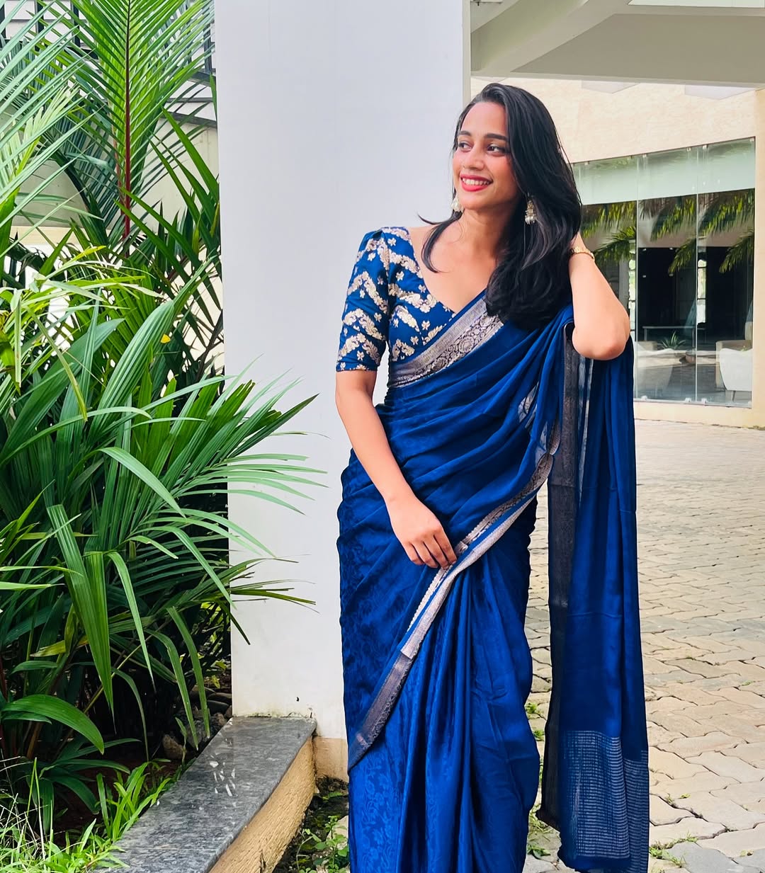 Blue Viscose Chinon Saree with Dola Banarasi Silk Blouse – Festive & Wedding Wear
