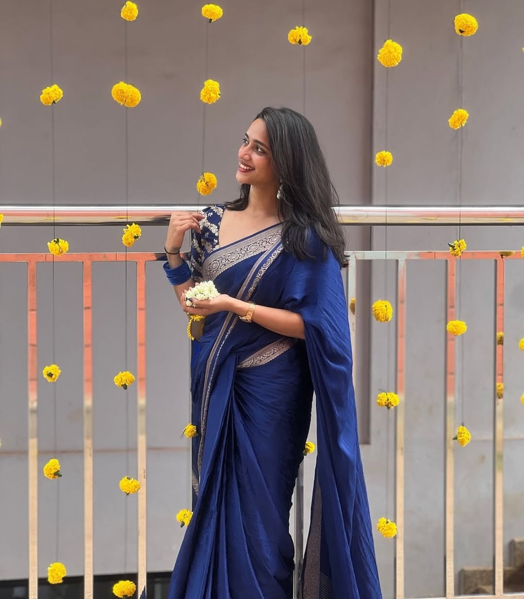 Blue Viscose Chinon Saree with Dola Banarasi Silk Blouse – Festive & Wedding Wear