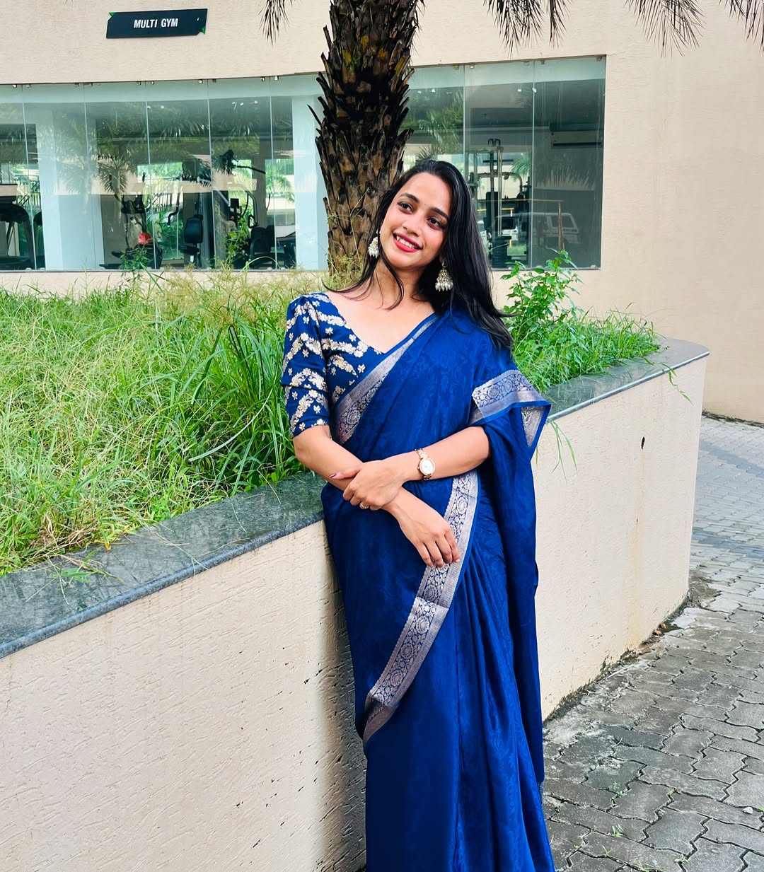 Blue Viscose Chinon Saree with Dola Banarasi Silk Blouse – Festive & Wedding Wear