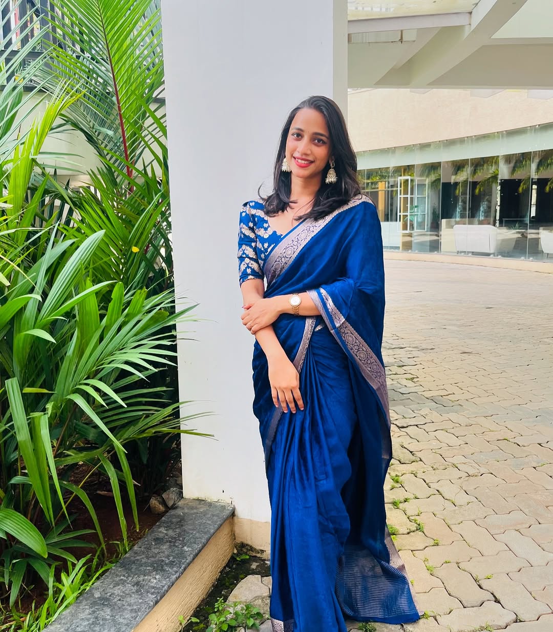 Blue Viscose Chinon Saree with Dola Banarasi Silk Blouse – Festive & Wedding Wear