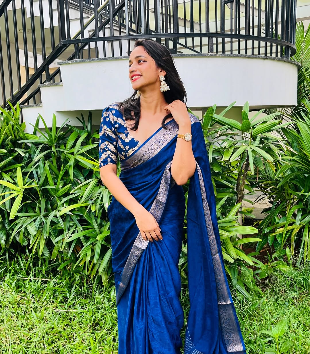 Blue Viscose Chinon Saree with Dola Banarasi Silk Blouse – Festive & Wedding Wear