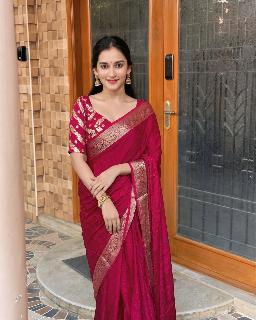 Red Viscose Chinon Saree with Dola Banarasi Silk Blouse – Festive & Wedding Wear