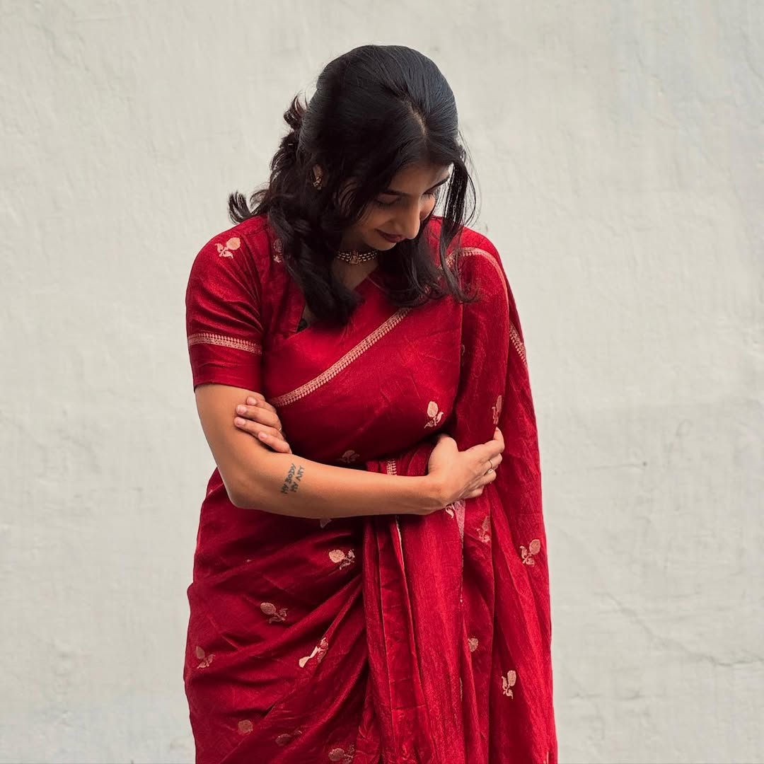 Red Soft Viscose Khadi Silk Partywear Saree with Satin Border & Jacquard Design