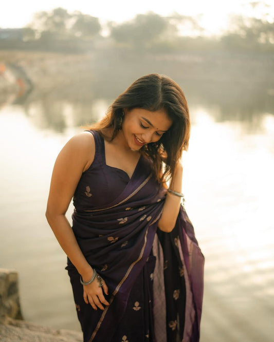 Black Soft Viscose Khadi Silk Partywear Saree with Satin Border & Jacquard Design