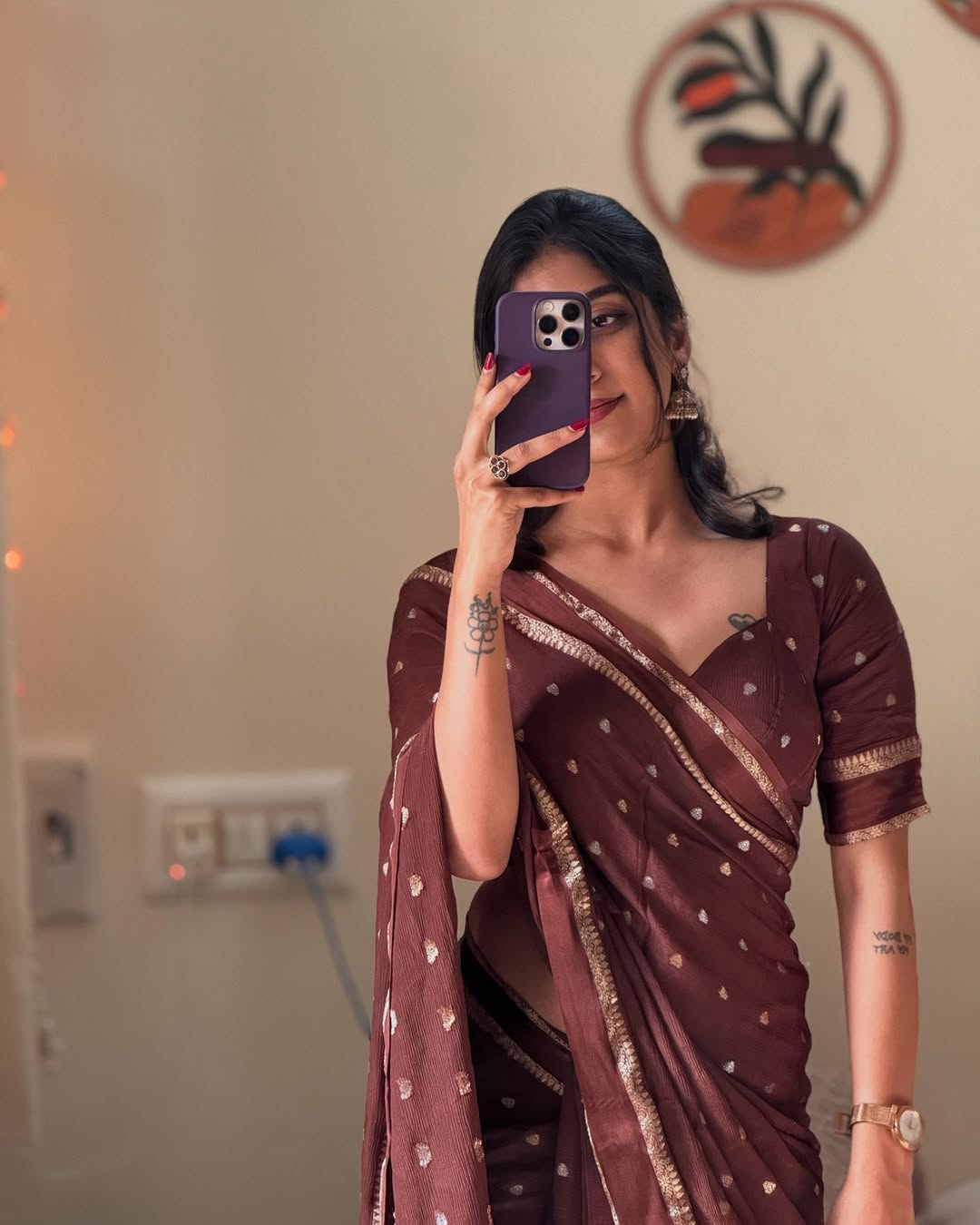 Brown Violet Pure Chinon Viscose Saree with Matching Blouse – Restocked Partywear Collection