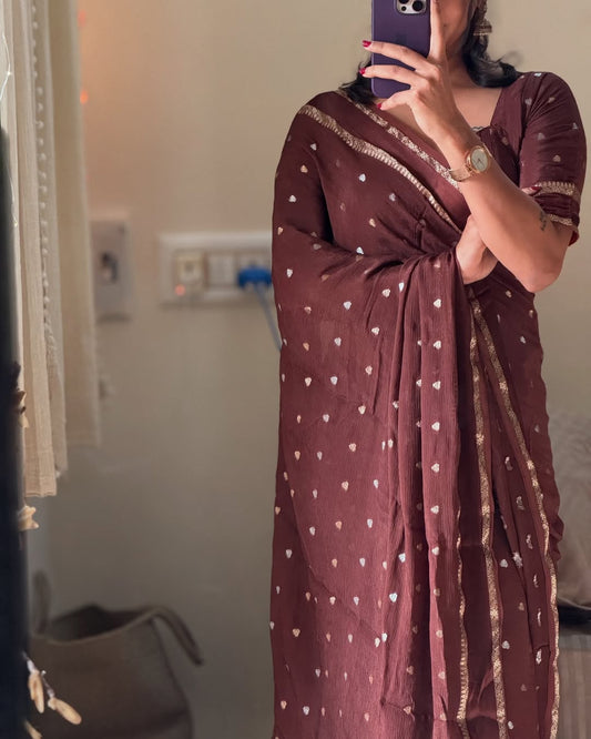 Brown Violet Pure Chinon Viscose Saree with Matching Blouse – Restocked Partywear Collection