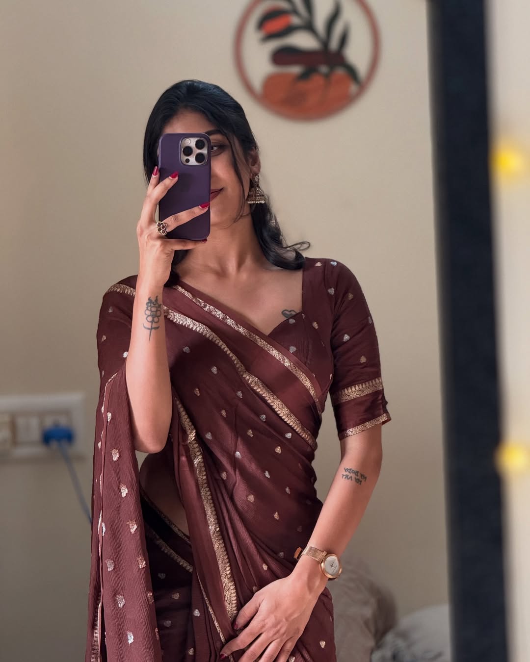 Brown Violet Pure Chinon Viscose Saree with Matching Blouse – Restocked Partywear Collection