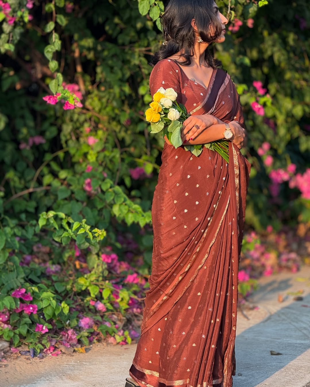 Brown Violet Pure Chinon Viscose Saree with Matching Blouse – Restocked Partywear Collection