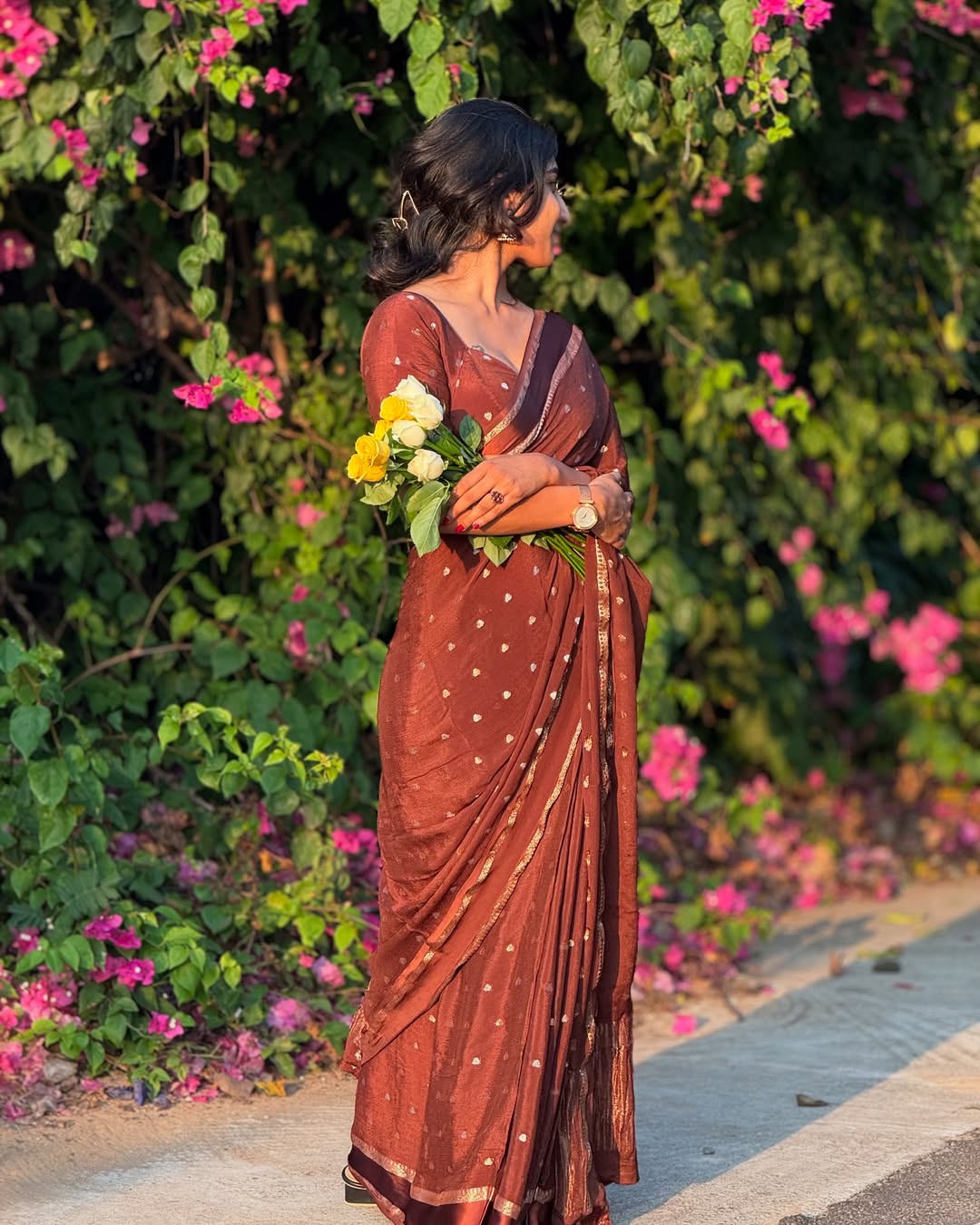 Brown Violet Pure Chinon Viscose Saree with Matching Blouse – Restocked Partywear Collection