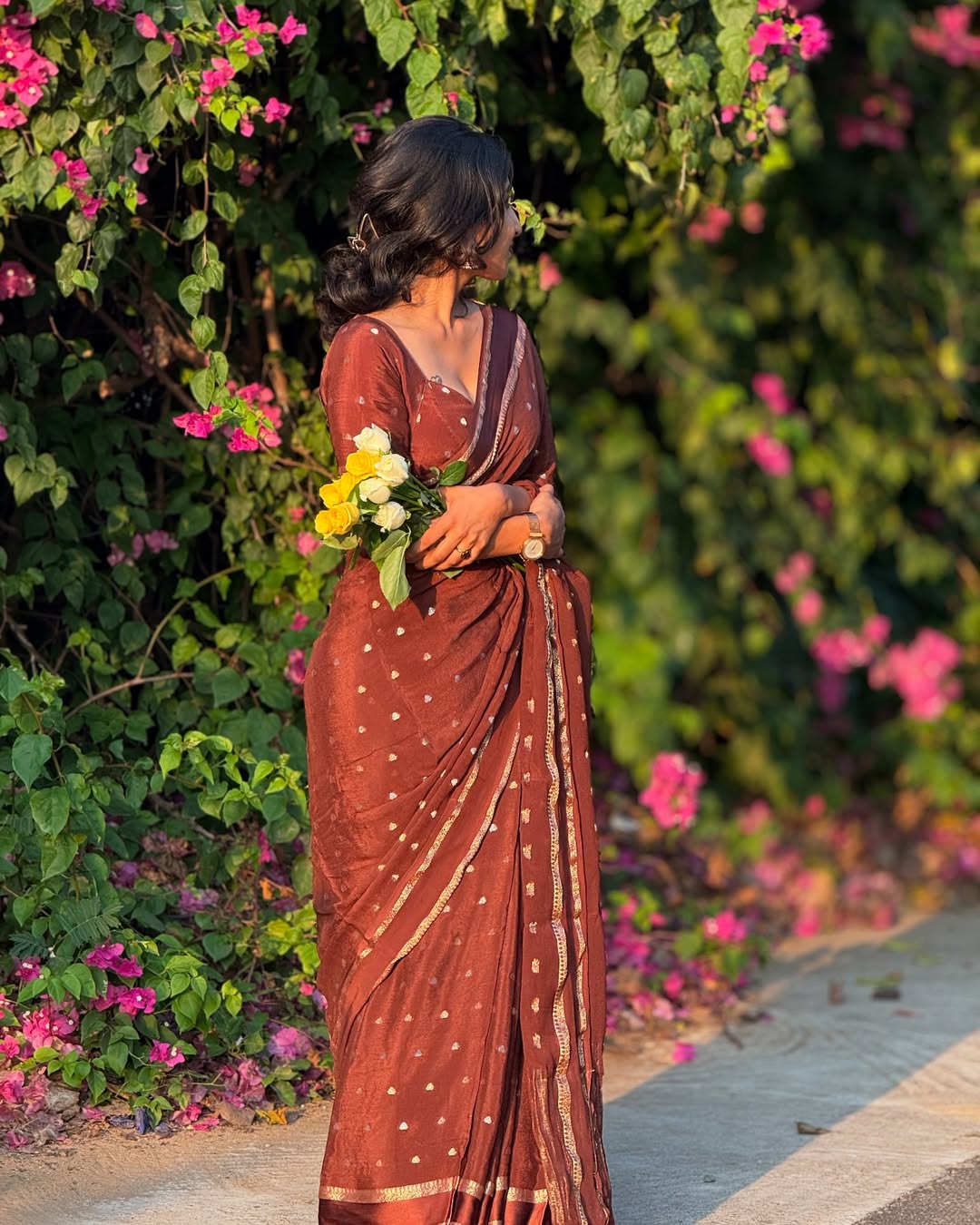 Brown Violet Pure Chinon Viscose Saree with Matching Blouse – Restocked Partywear Collection
