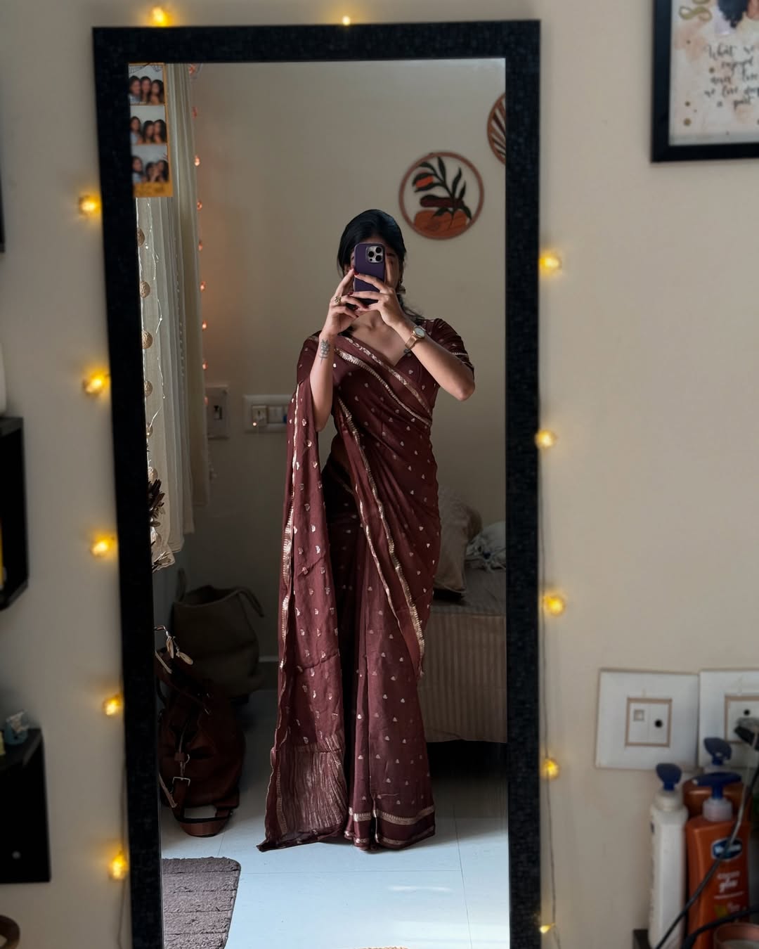 Brown Violet Pure Chinon Viscose Saree with Matching Blouse – Restocked Partywear Collection