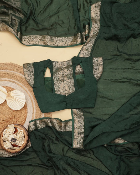 Green Viscose Chinon Saree with Dola Banarasi Silk Blouse – Festive & Wedding Wear