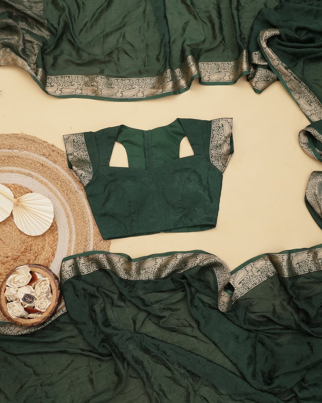 Green Viscose Chinon Saree with Dola Banarasi Silk Blouse – Festive & Wedding Wear