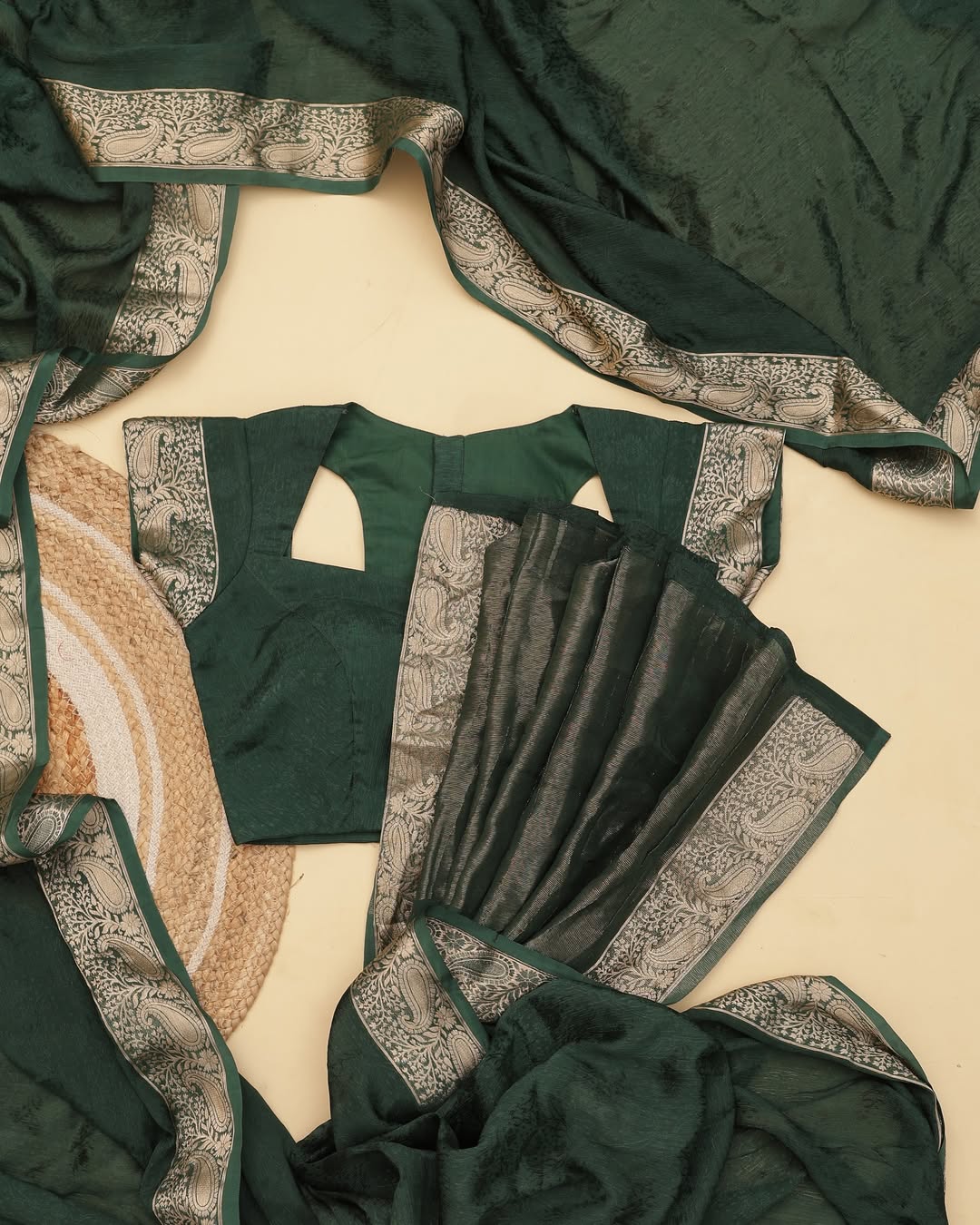 Green Viscose Chinon Saree with Dola Banarasi Silk Blouse – Festive & Wedding Wear