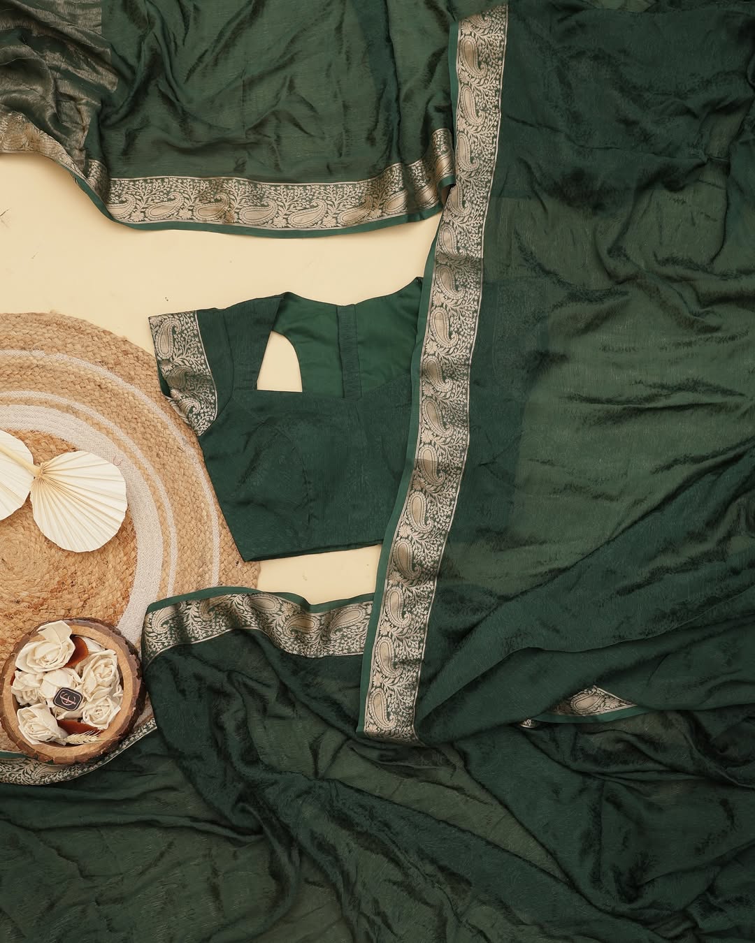 Green Viscose Chinon Saree with Dola Banarasi Silk Blouse – Festive & Wedding Wear