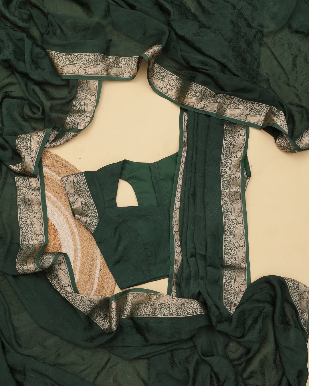 Green Viscose Chinon Saree with Dola Banarasi Silk Blouse – Festive & Wedding Wear