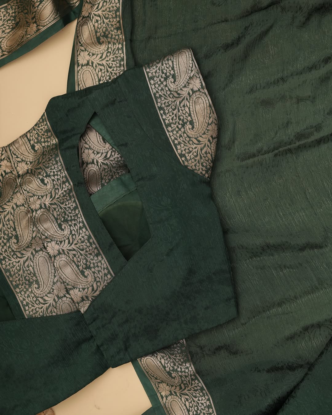 Green Viscose Chinon Saree with Dola Banarasi Silk Blouse – Festive & Wedding Wear