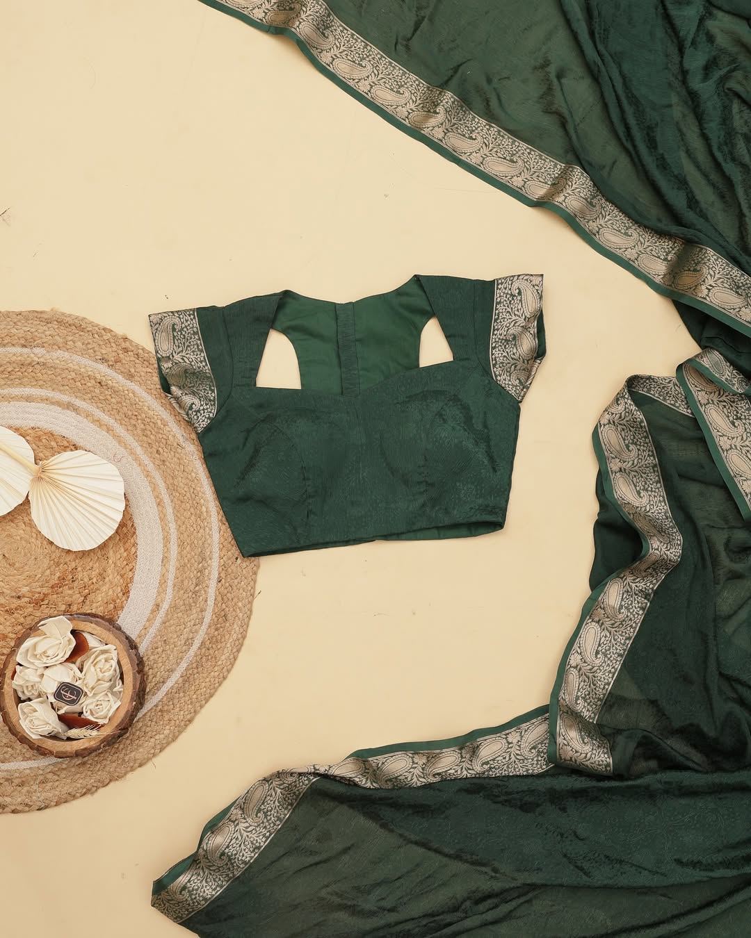 Green Viscose Chinon Saree with Dola Banarasi Silk Blouse – Festive & Wedding Wear