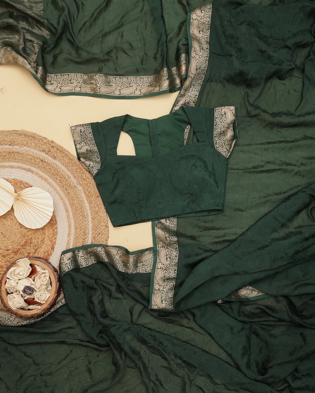 Green Viscose Chinon Saree with Dola Banarasi Silk Blouse – Festive & Wedding Wear