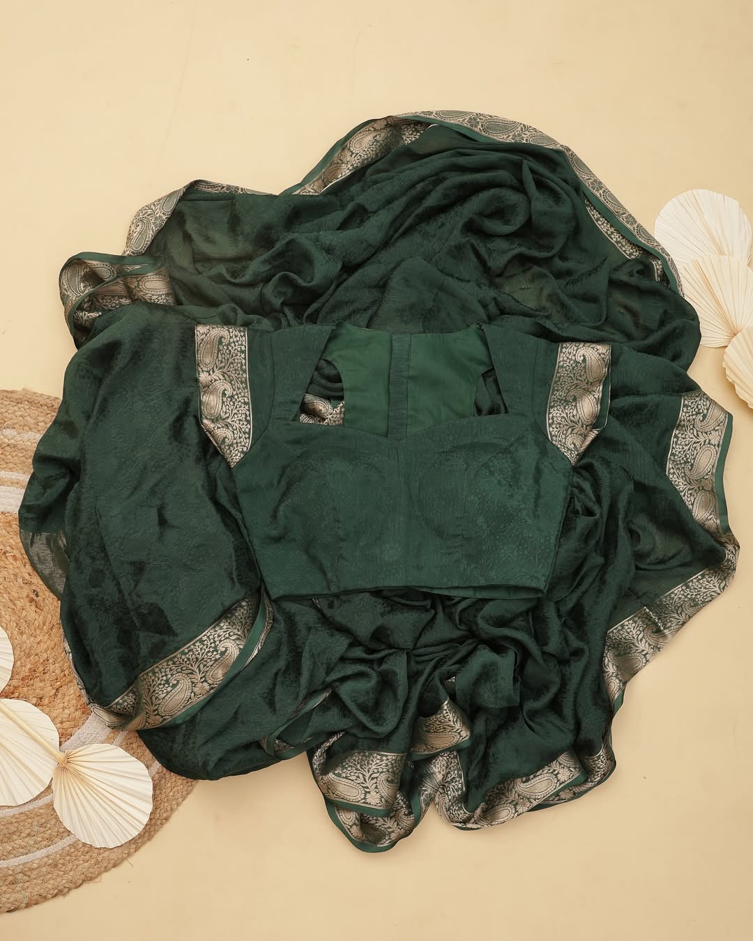 Green Viscose Chinon Saree with Dola Banarasi Silk Blouse – Festive & Wedding Wear