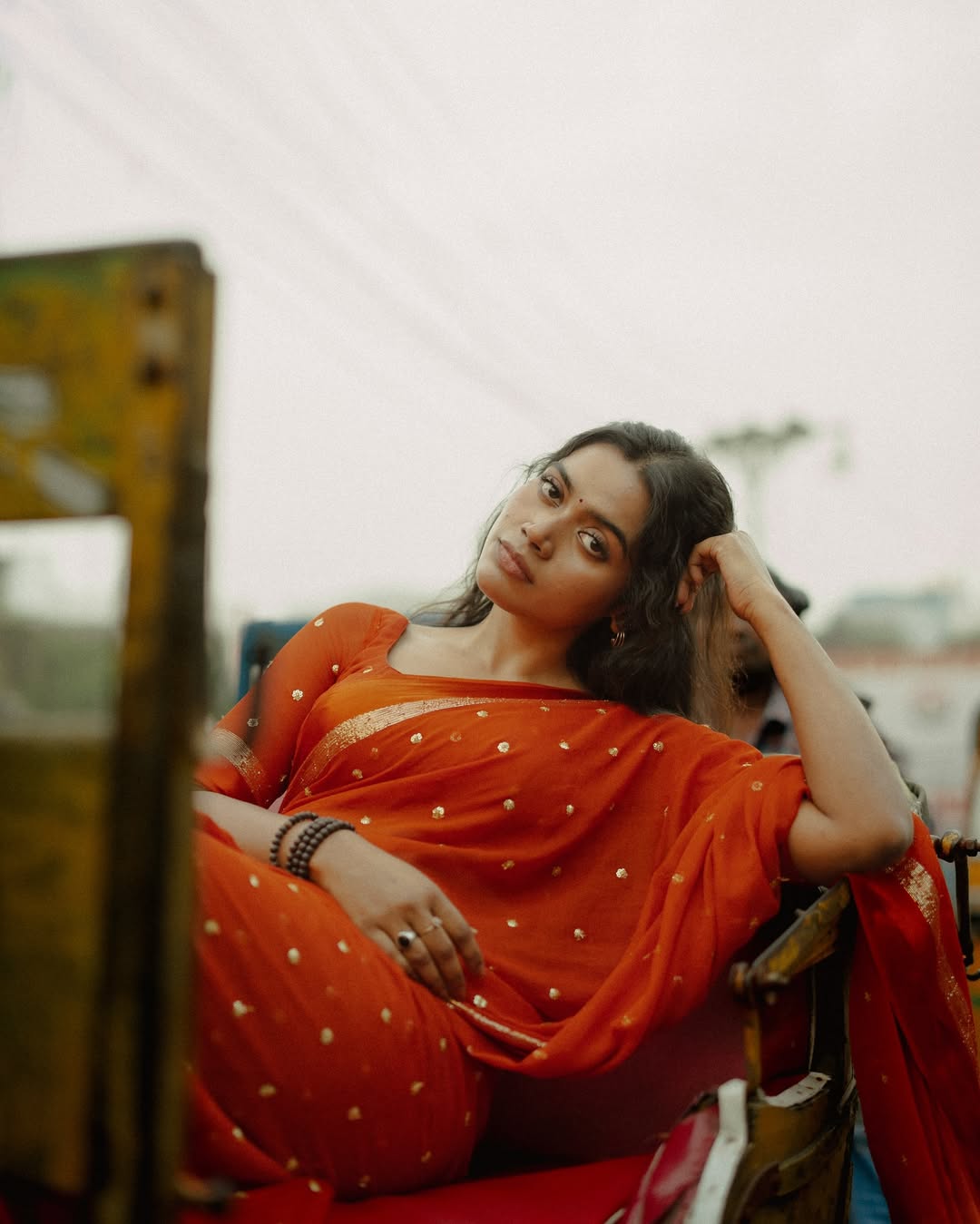 Orange Viscose Georgette Sequins Saree with Satin Border & Contrast Blouse – Partywear Collection