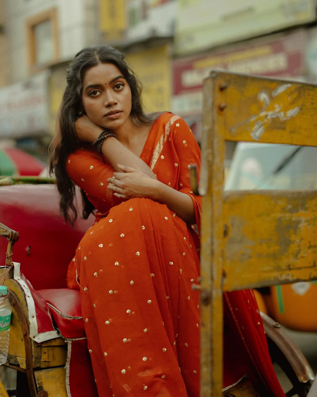 Orange Viscose Georgette Sequins Saree with Satin Border & Contrast Blouse – Partywear Collection