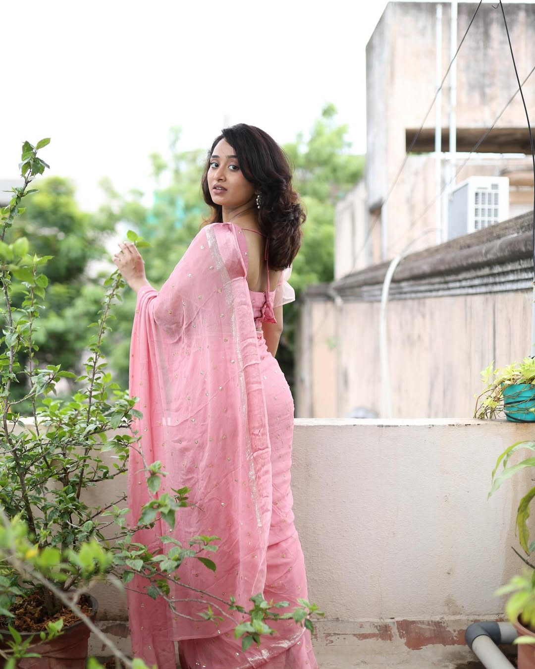 Pink Viscose Georgette Sequins Saree with Satin Border & Contrast Blouse – Partywear Collection